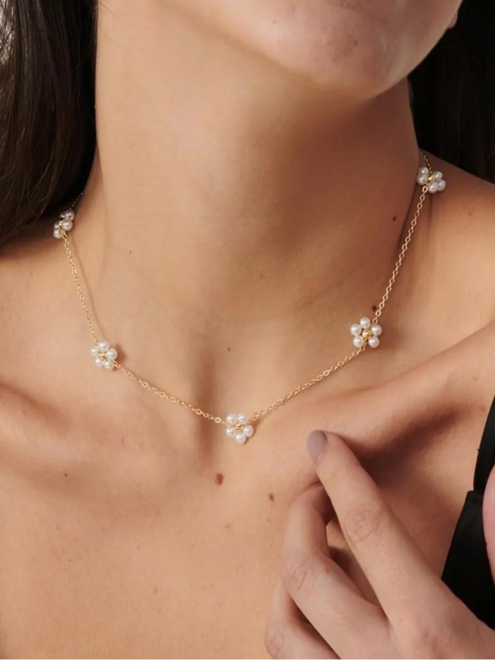 Anthropologie Gold Chain Necklace with Pearl Flower Stations